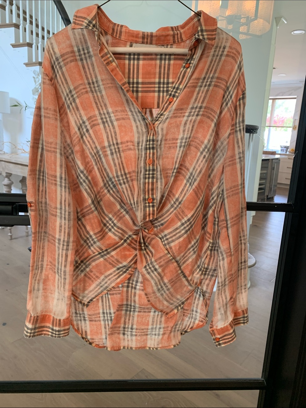 Paper Crane Orange and Cream Plaid Twist-Front Button Down Shirt